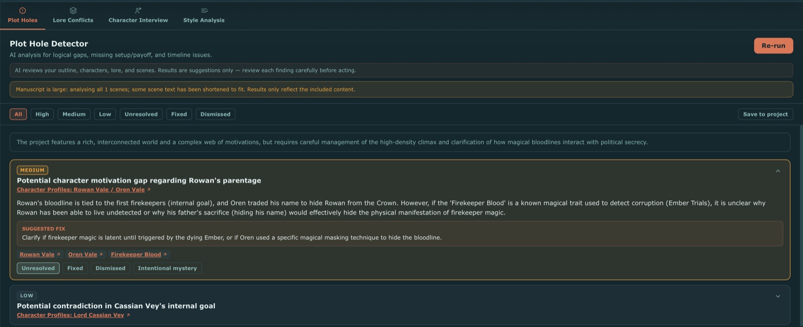 Your Own World's AI plot hole detector flagging a character motivation gap with a suggested fix
