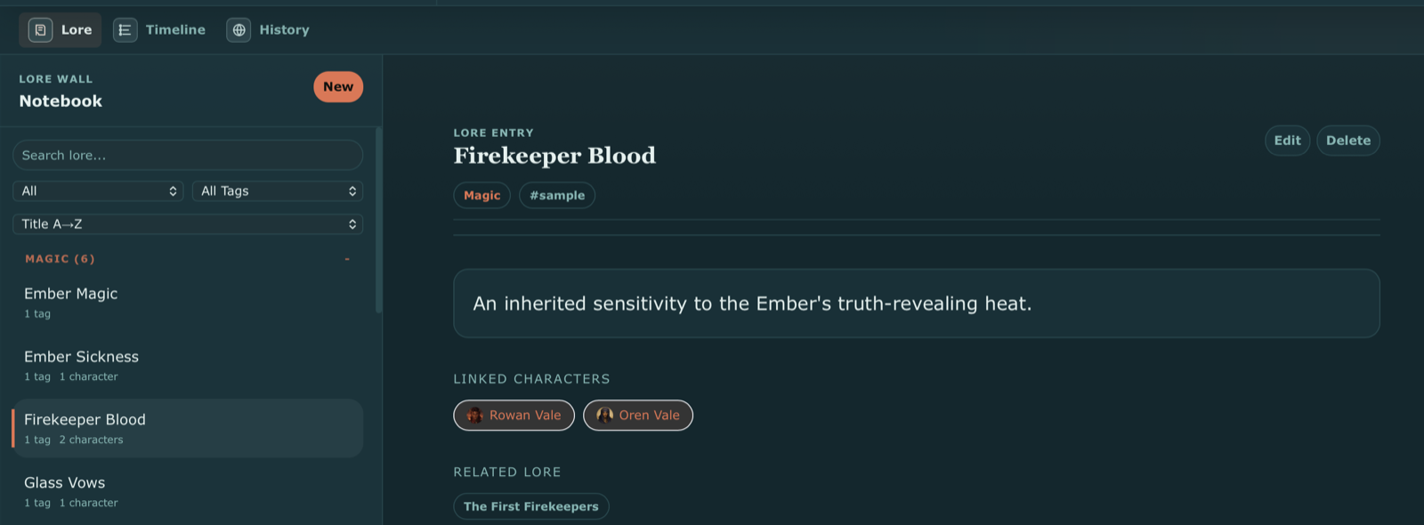 A lore entry in Your Own World showing a tagged worldbuilding note linked to characters and related lore