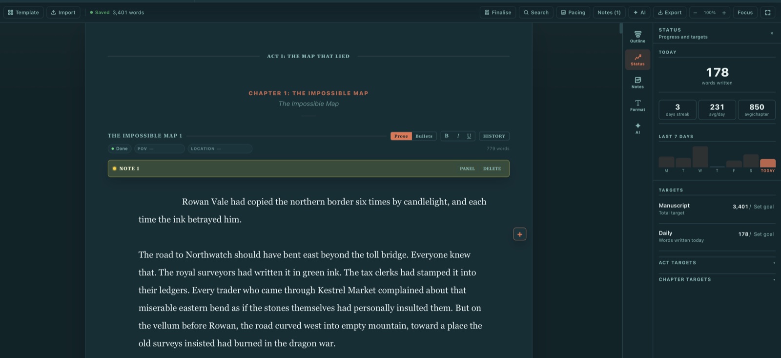 Your Own World's manuscript editor showing a chapter in progress with writing status, targets, and streak tracking
