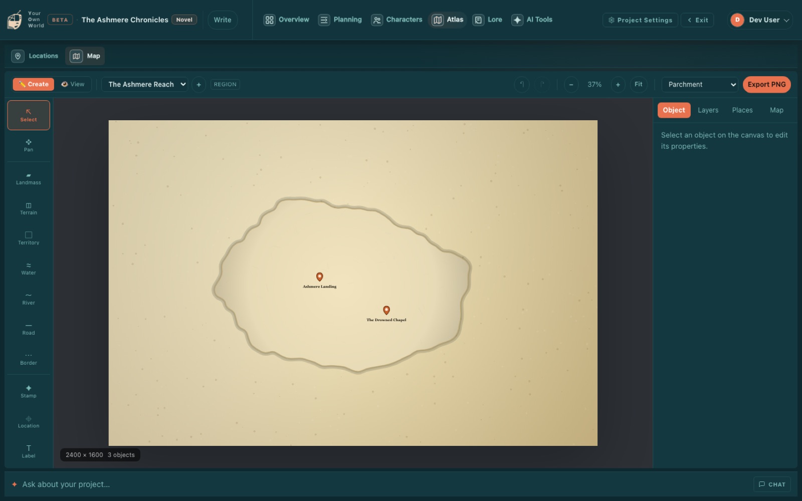 Your Own World's map builder showing an interactive island map with linked location pins