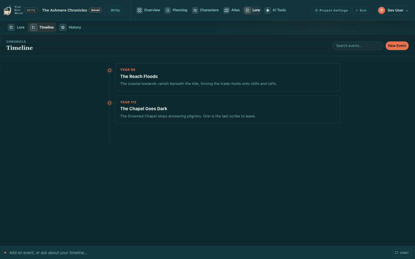 Your Own World's timeline showing era-grouped story events with dates and descriptions