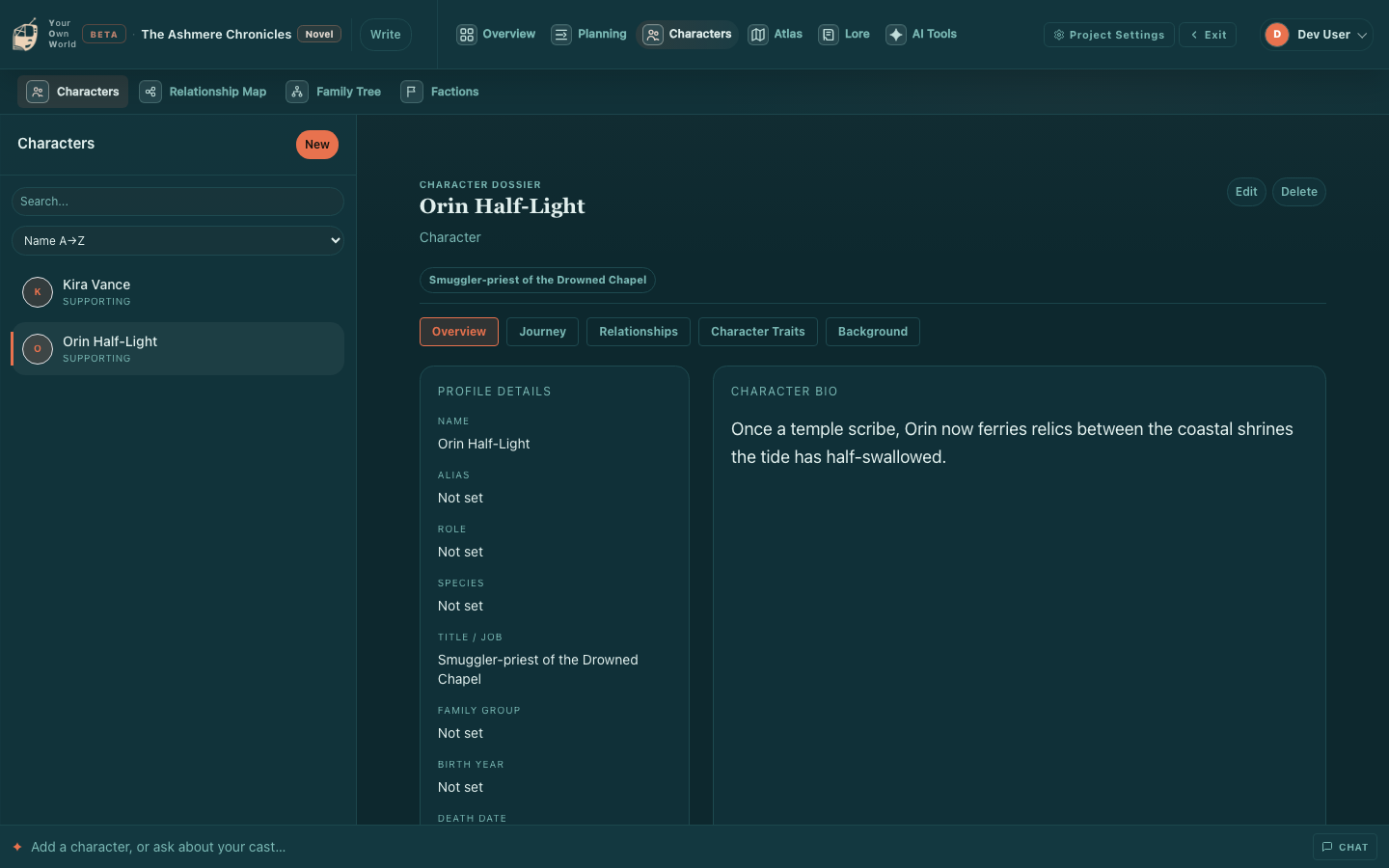 A character dossier in Your Own World showing profile details and biography